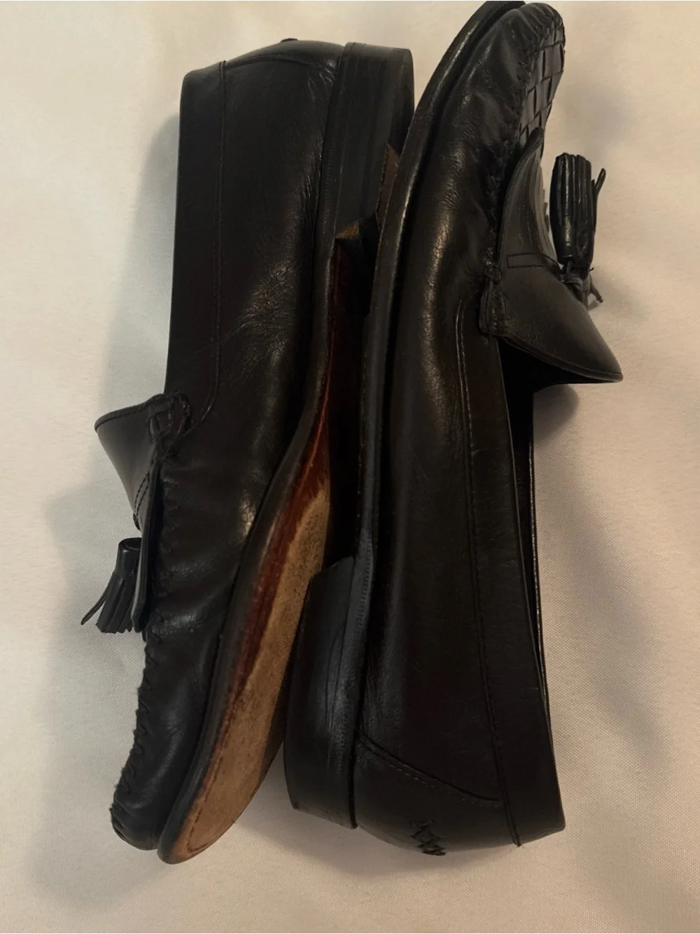 Cole Haan Black Leather Tassel Woven Penny Loafers
